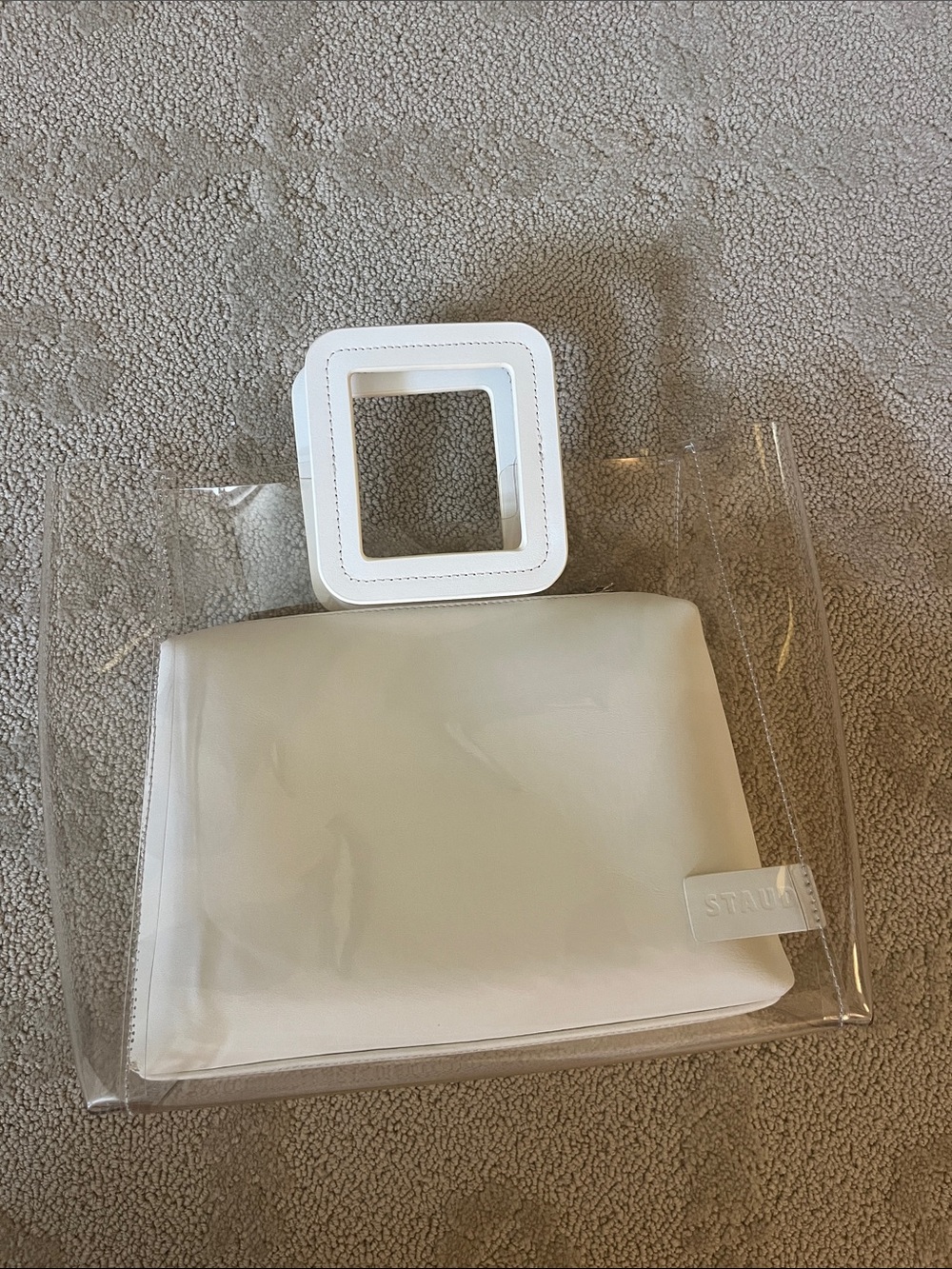 STAUD Clear Tote with Cream Square Handles and Cream Pouch